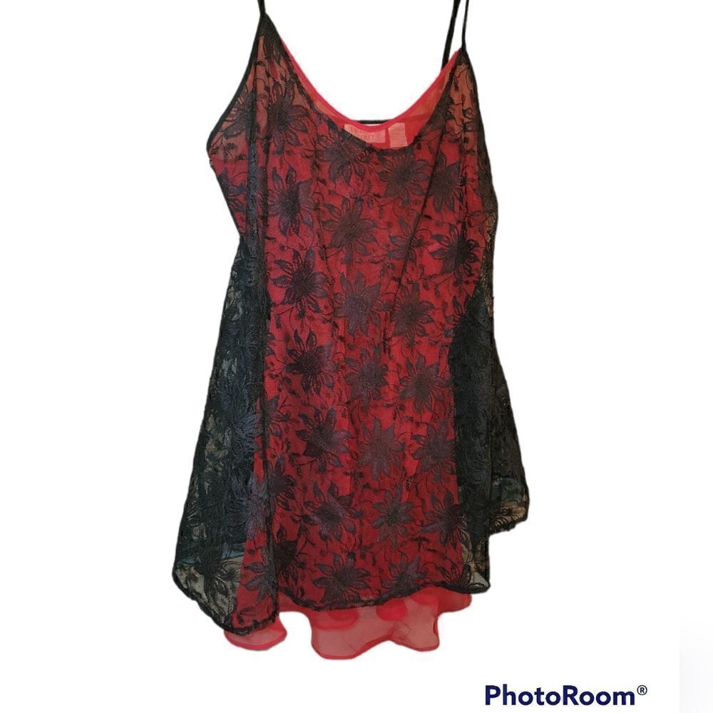 Vintage Gold Label Victorias Secret Red Black Lace Babydoll Nightie Slip Dress L